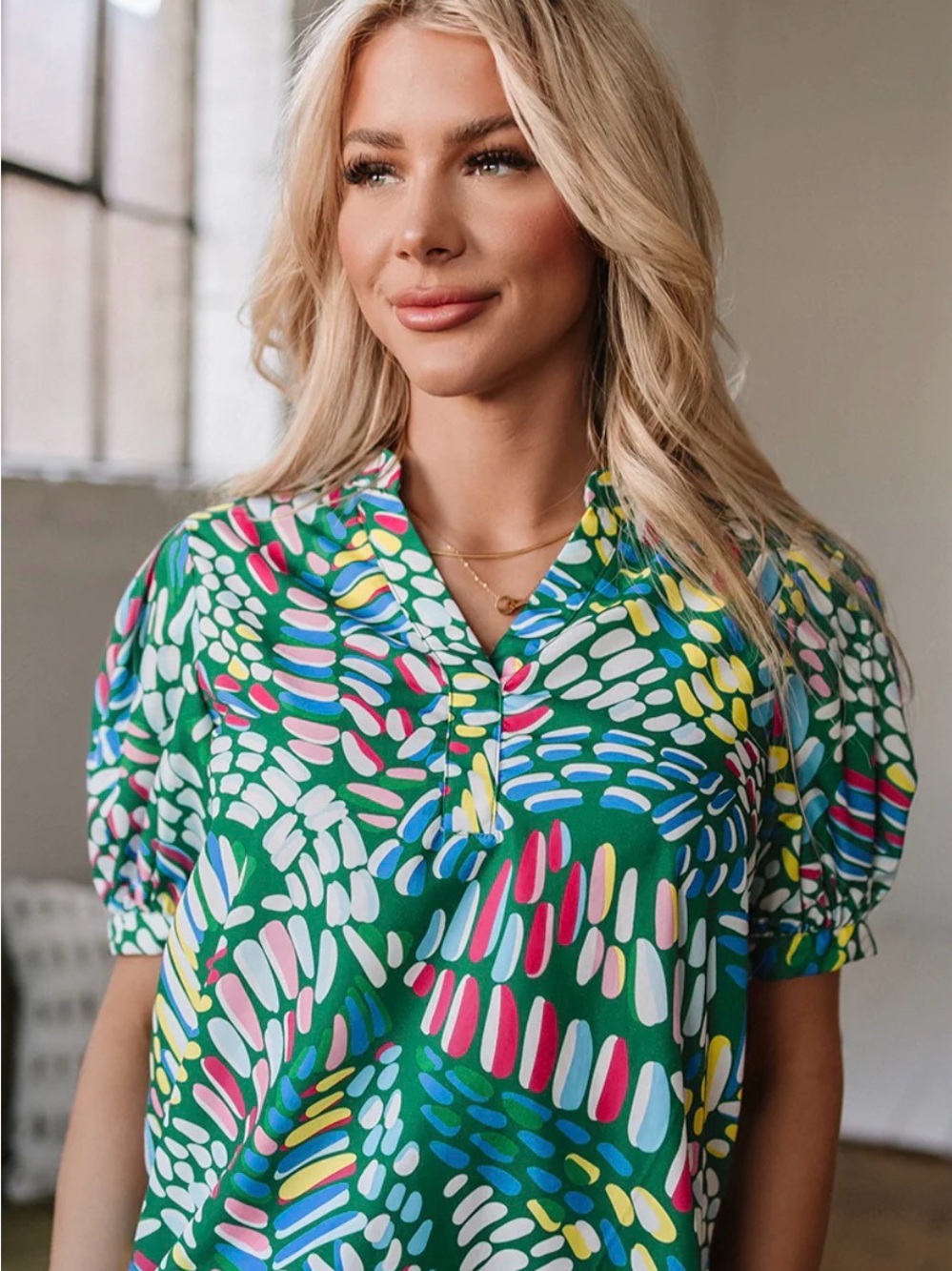 Michelle McDowell Green Abstract Print V-Neck Women's Dress